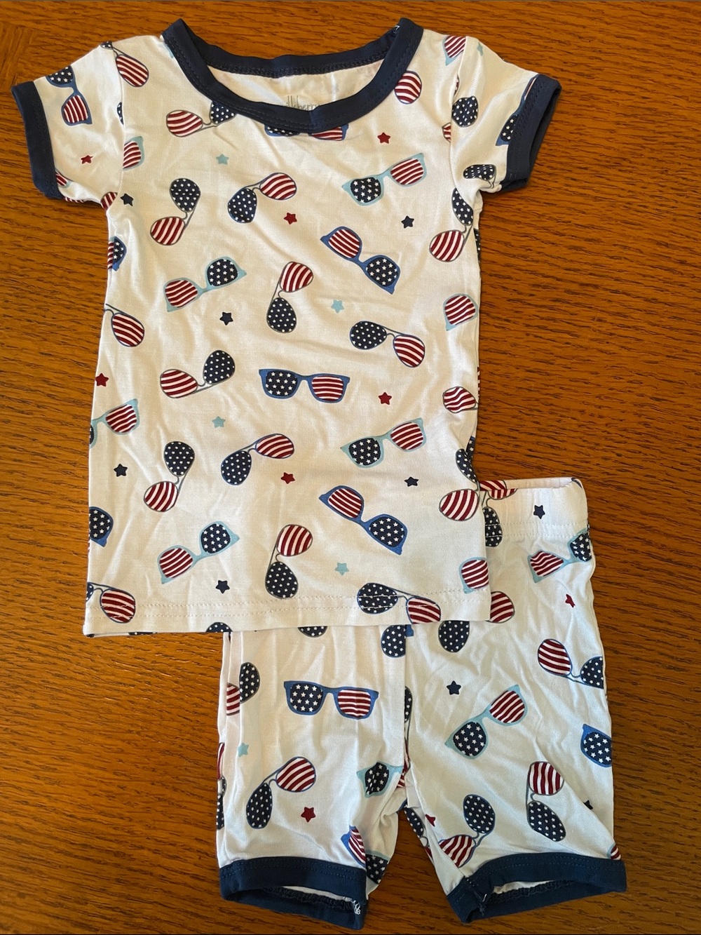 Kids 12 Month White Navy-Trim Pajama Set with Patriotic Sunglasses Print